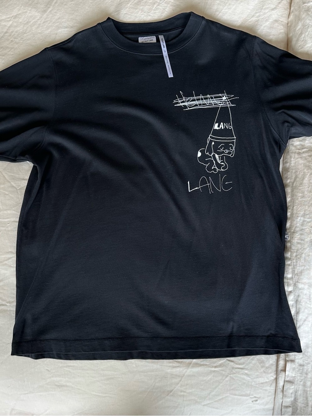 Helmut Lang Black Tee with White Sketch Graphic